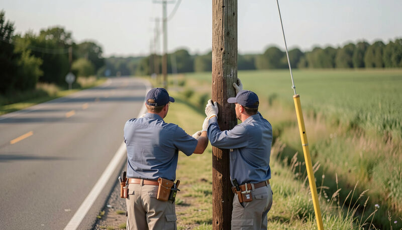 Dos operarios de uniforme sencillo trabajan en un poste eléctrico junto a una carretera rural, de espaldas