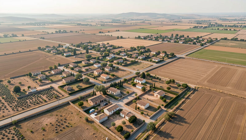 Vista aérea de tejados dispersos y campos de cultivo separados por carreteras en el centro de España