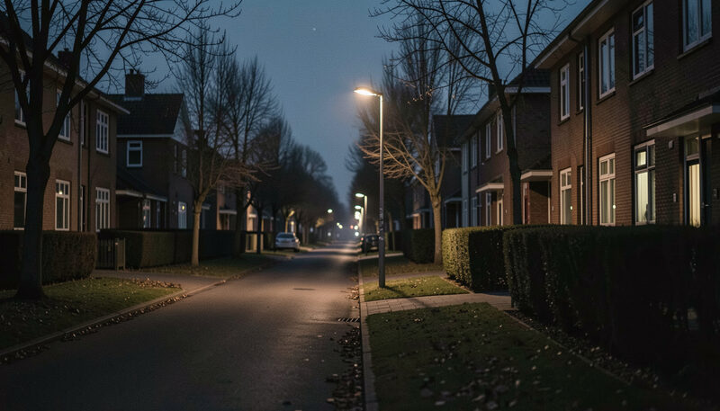 Calle residencial a oscuras iluminada solo por una farola durante un corte de suministro nocturno