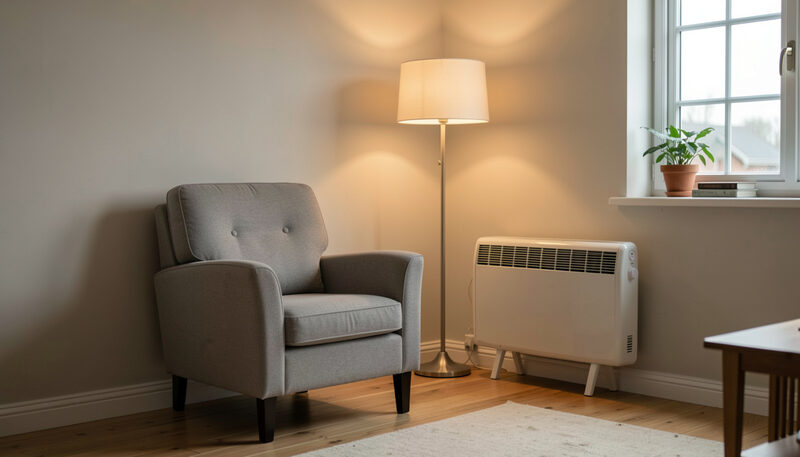 Salón modesto con un sillón, una lámpara de pie y un radiador eléctrico con luz cálida de tarde