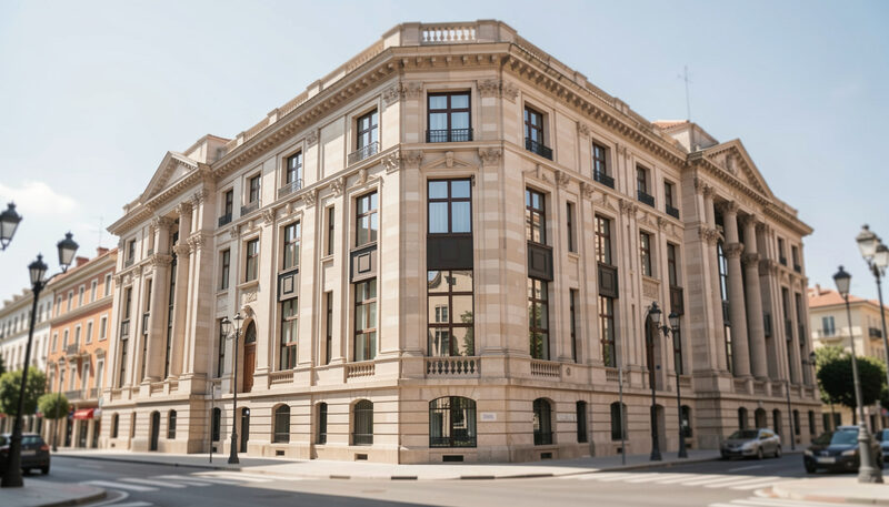 Edificio de oficinas de piedra con ventanales altos en una calle céntrica de Madrid en un día soleado