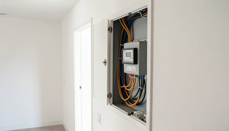 Armario del pasillo con cables eléctricos, interruptores automáticos y la caja del contador en pared blanca