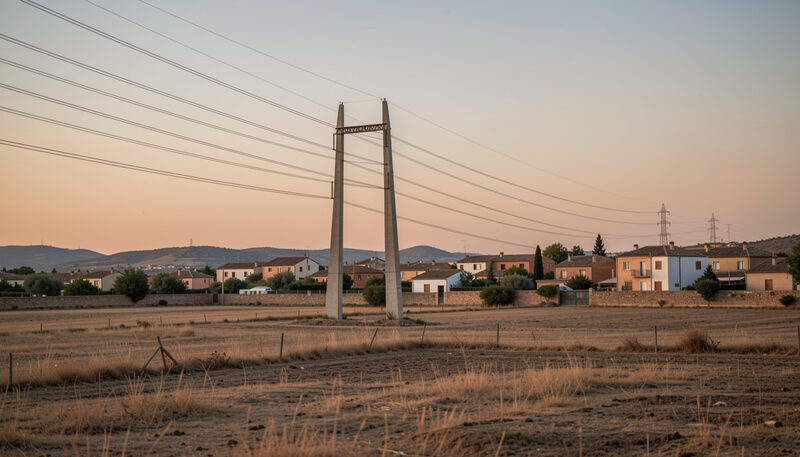 Líneas eléctricas aéreas y un apoyo de hormigón cruzan campos secos junto a un pueblo español al atardecer