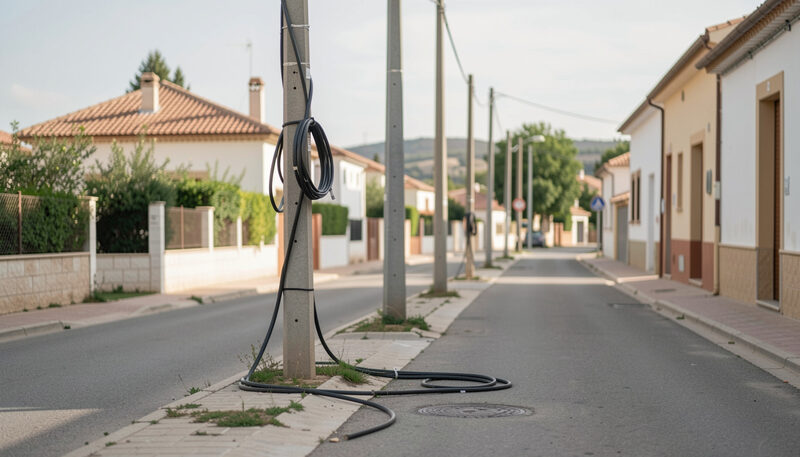 Hilera de postes de baja tensión y cables recorriendo una calle residencial de un pueblo español