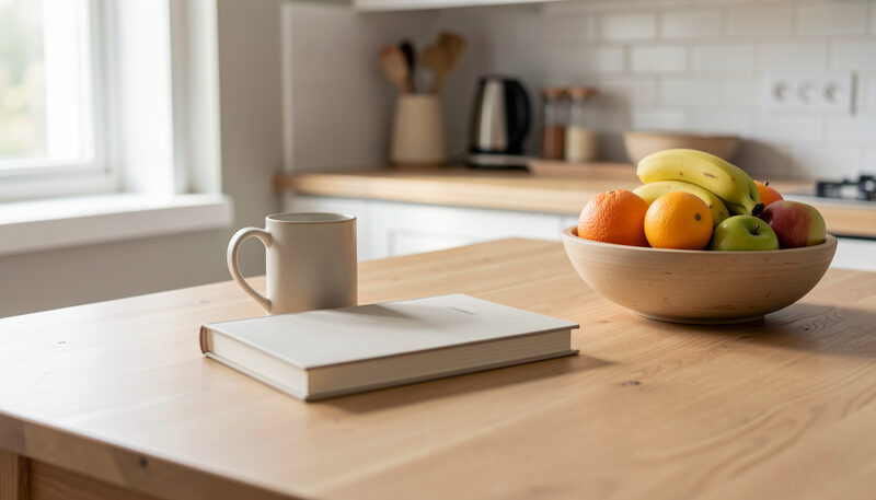 Mesa de cocina ordenada con una taza de cerámica, un cuaderno cerrado y un frutero con luz suave