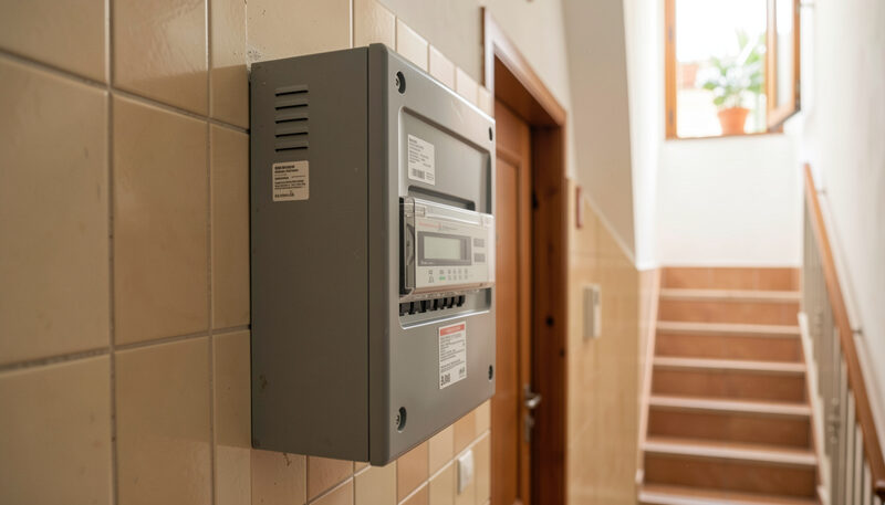 Caja gris del contador eléctrico montada en la pared alicatada de una escalera de vecinos