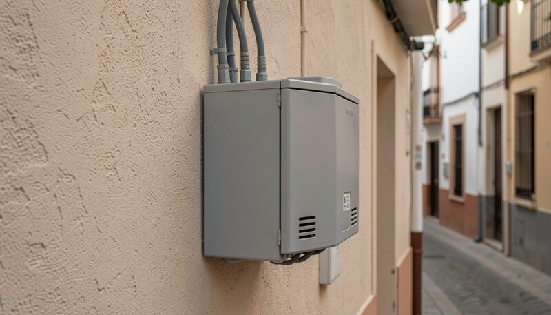 Caja gris del contador eléctrico fijada a la pared enfoscada de una calle española con los cables entrando por arriba
