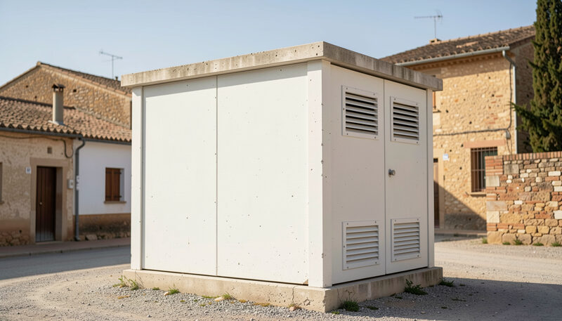 Caseta de hormigón de un centro de transformación con rejillas de ventilación a la entrada de un pueblo