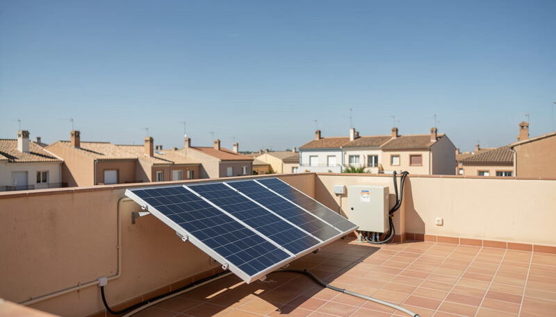Placas solares y un inversor instalados en la azotea de un edificio de viviendas bajo cielo despejado