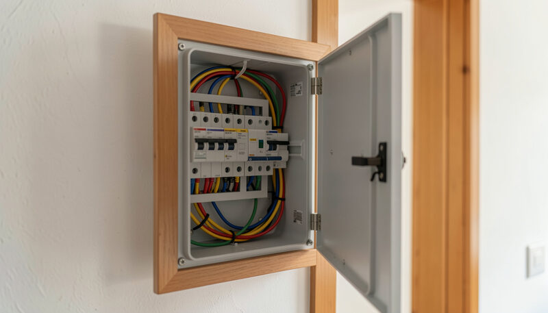 Cuadro eléctrico doméstico abierto con interruptores automáticos y cables de colores en un armario del pasillo