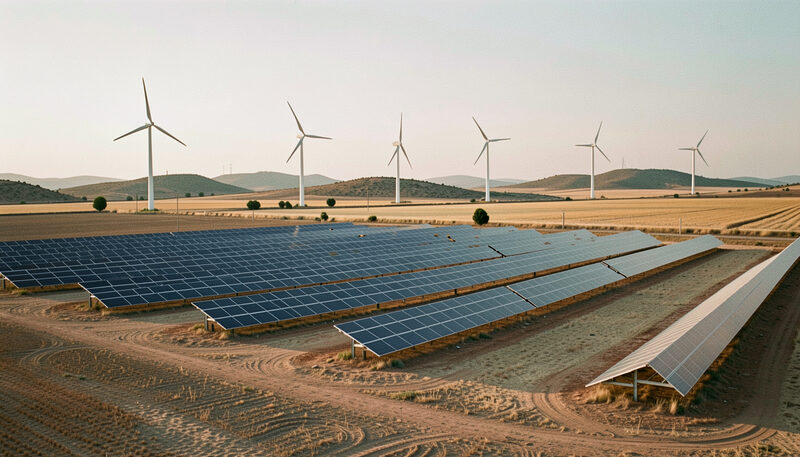 Hileras de paneles solares sobre un campo seco con aerogeneradores en las lomas del fondo bajo la luz baja de la tarde