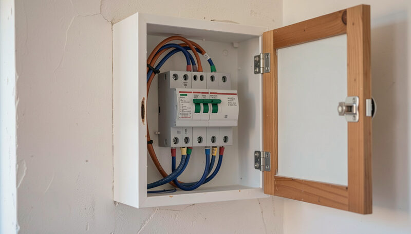 Cuadro de protecciones doméstico con interruptores y cables dentro de un armario de pared abierto