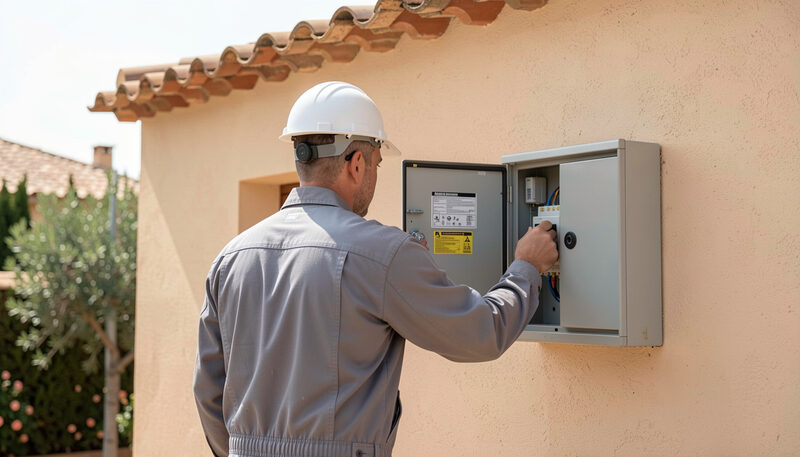 Técnico de espaldas con casco que abre un armario eléctrico exterior en la pared de una casa española